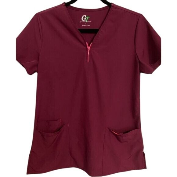 GT Performance Burgundy Scrub Top S Short Sleeve V-Neck With Pockets - Picture 2 of 4